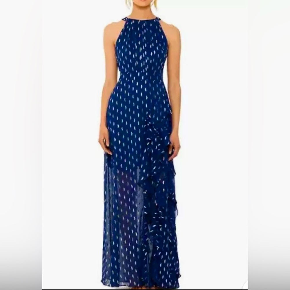 Betsy & Adam Navy Blue Gold Ruffle Halter Neck Chiffon Gown Size 14